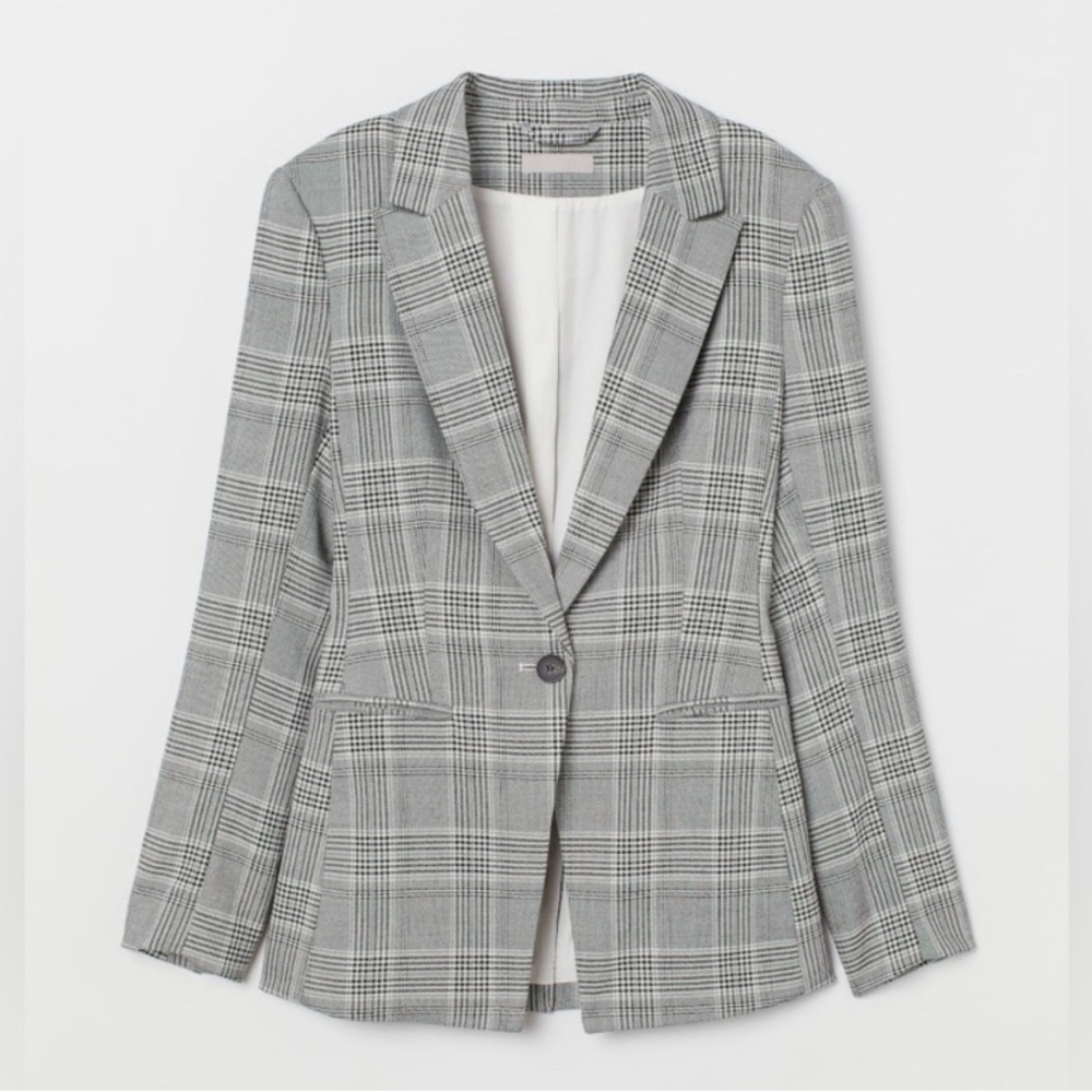 H&M Grey Checked Fitted One Button Front Career Jacket Blazer 4